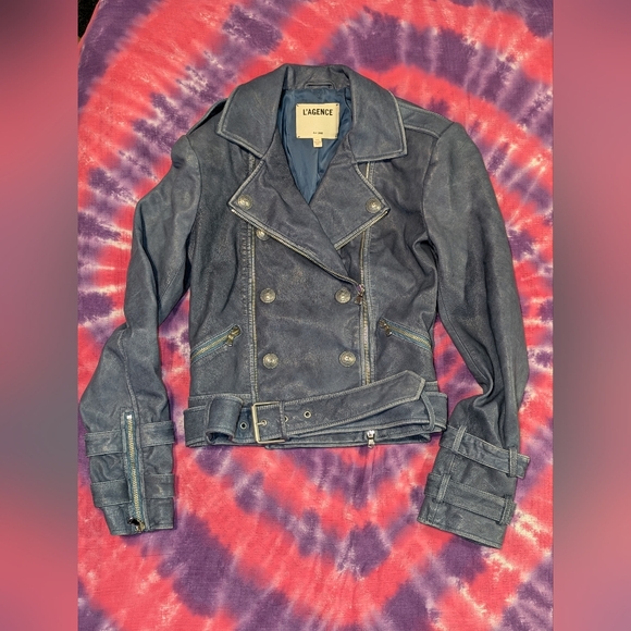 L'AGENCE Billie Belted Leather Moto Jacket in Washed Indigo Size XS Blue - Picture 1 of 16
